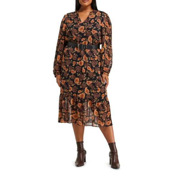 NWT Estelle Golden Blooms Floral Print Black Midi Dress Plus Size 1X - Picture 1 of 11
